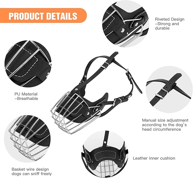 Dog Muzzle, Dog Metal Face Basket, Dog Mouth Breathable Adjustable Leather Leash Suitable for Large Medium-Sized Dogs (L)