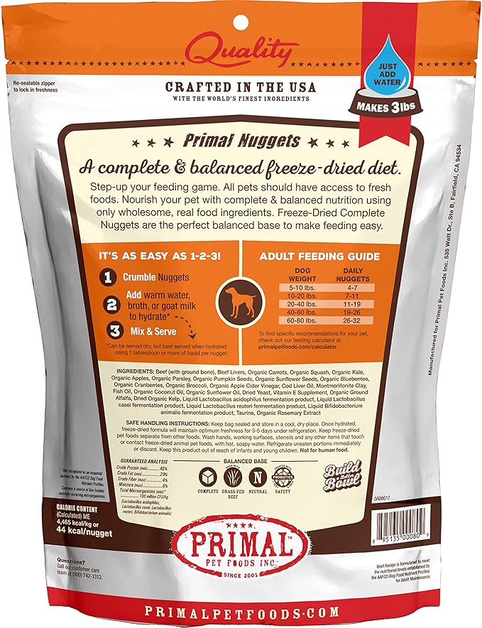 Primal Freeze Dried Dog Food Nuggets, Beef; Complete & Balanced Meal; Also Use as Topper or Treat; Premium, Healthy, Grain Free, High Protein Raw Dog Food, 14 oz