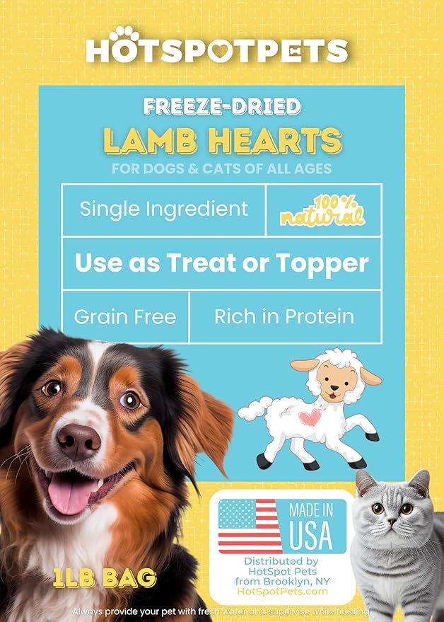 hotspot pets Freeze Dried Lamb Heart Treats for Cats & Dogs - 1LB BIG BAG- Single Ingredient All Natural Grain-Free - Perfect for Training, Healthy Topper or Snack - Made in USA