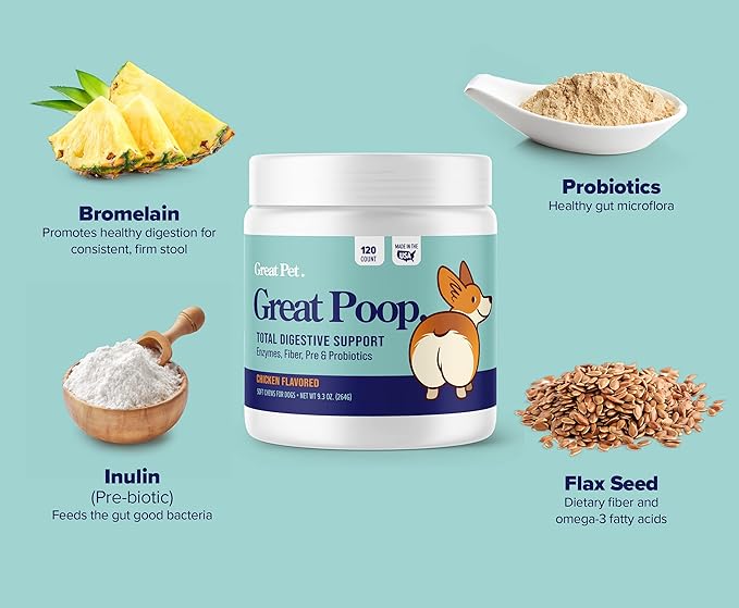 Great Poop Probiotics for Dogs - Fiber for Dogs Supplement with Dog Probiotics and Digestive Enzymes for a Healthy Gut, Firm Stool & Diarrhea Relief - Chicken Flavored Pet Soft Chews with Prebiotics