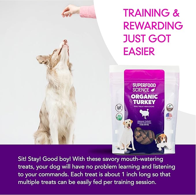 Organic Dog Treats for Small, Medium, and Large Breeds, Semi-Soft Organic Turkey Dog Training Jerky Snack Bites, All-Natural & Gluten-Free, Immunity & Hypoallergenic recipe, 5 oz
