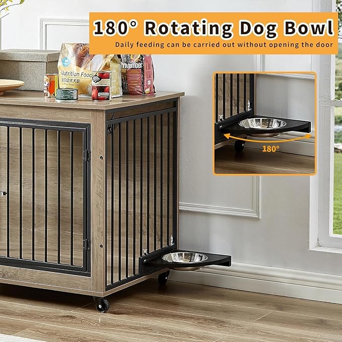 39" Dog Crate Furniture with Rotatable Bowls, Wooden Dog Crate End Table, Decorative Heavy Duty Dog Kennel Furniture Indoor with Double Doors 4 Wheels