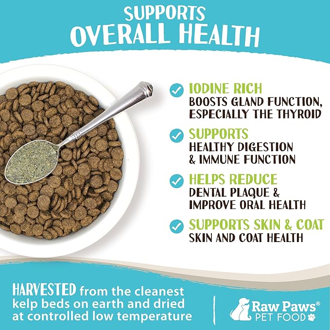 Raw Paws Organic Kelp for Dogs & Cats, 8-oz - Iodine Rich for Thyroid, Digestive & Immune Health - Seaweed Powder for Dogs, Sea Kelp for Cats, Kelp Supplement for Dogs, Dried Kelp Powder for Dogs