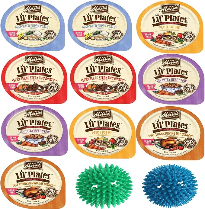 Merick Lil’ Plates Grain Free Small Breed Dogs Food - Petite Pot Pie, Itsy Bitsy Beef Stew, Pint Puppy Plate, Teeny Texas Steak Tips Dinner & Tiny Thanksgiving Dinner - Total 10 Tubs with 2 Toys