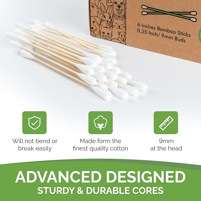 Cotton Swabs for PETS - Long 6'' Bamboo Sticks & Medium Large 0.35" Cotton Tips - Biodegradable, Eco-Friendly & Double Tipped - Pack of 200 (Drawer Box)
