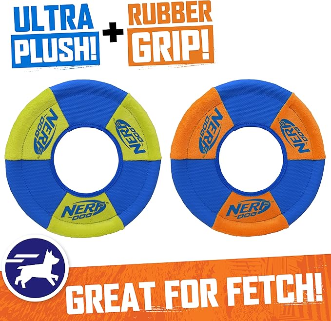 Nerf Dog Toss and Tug Ring Dog Toy, Flying Disc, Lightweight, Durable and Water Resistant, 9 Inch Diameter, For Medium/Large Breeds, Two Pack, Green and Orange