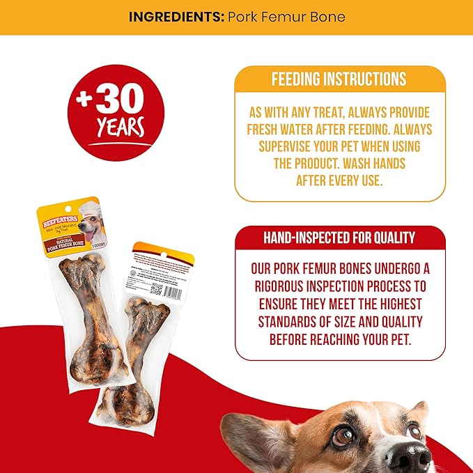 Beefeaters Dog Treats - Natural Pork Femur Bone 1ct, Pack of 3 | Rawhide Free Dog Food | Real Pork | Cleans Teeth & Gums | Highly Digestible | Training Treats for All Dog Sizes