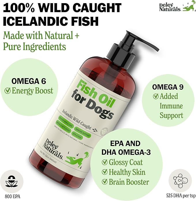 Wild Caught Fish Oil for Dogs - 32oz - Omega 3-6-9, GMO-Free - Reduces Shedding, Supports Skin, Coat, Joints, Heart, Brain, Immune System - Highest EPA & DHA Potency - Only Ingredient is Fish