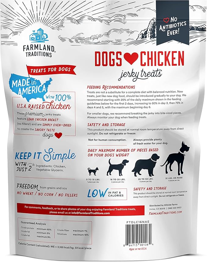 Farmland Traditions Dogs Love Chicken Premium Two Ingredients Jerky Treats for Dogs (1 lb. No Antibiotics Ever USA Raised Chicken)