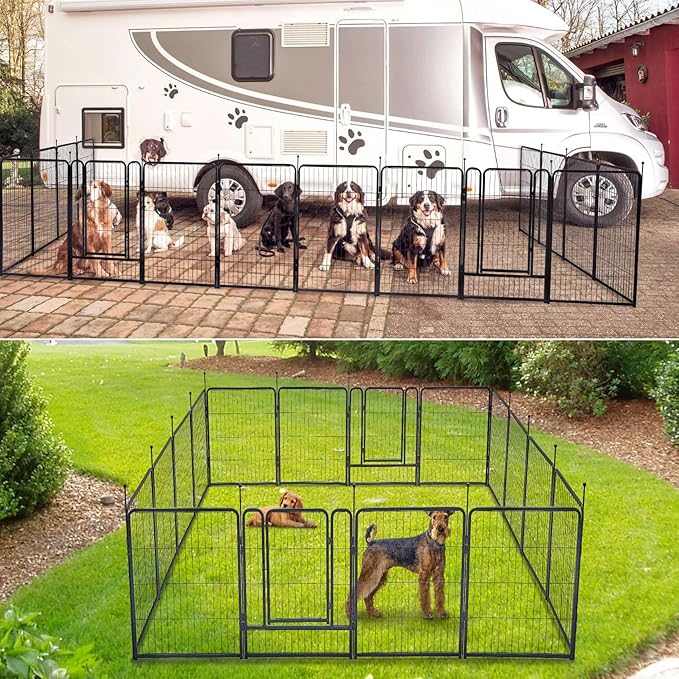 mestyl Dog Playpen, 32" Height 16 Panels Outdoor Pet Play Pen, Big Dog Exercise Play Pen for Large/Medium/Small Dogs, Foldable Puppy Pen for Indoor, Camping, RV, Anti-Rust Paint Finish, Quick Install