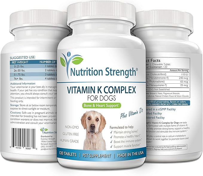 Vitamin K for Dogs, Vitamins K1 & K2 (MK4 & MK7) + Vitamin D3, Help Maintain Strong Bones, Promote Healthy Heart, Boost Immune System, Support Muscle Function, 120 Chewable Tablets