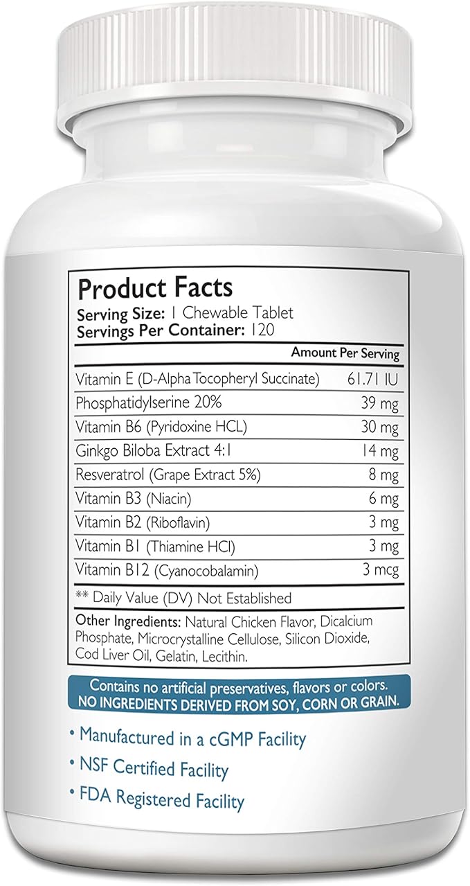 Cognitive Support for Dogs, Promotes Dog Brain Health, Mental Support for Old Dogs, Supplement for Dogs with Cognitive Difficulties, 120 Chewable Tablets