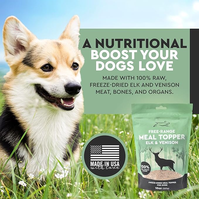 Emmy's Best EBPP Free Range Dog Food Topper 10oz - Freeze Dried Raw Dog Food - Elk & Venison Dog Food Additives - Made in The USA