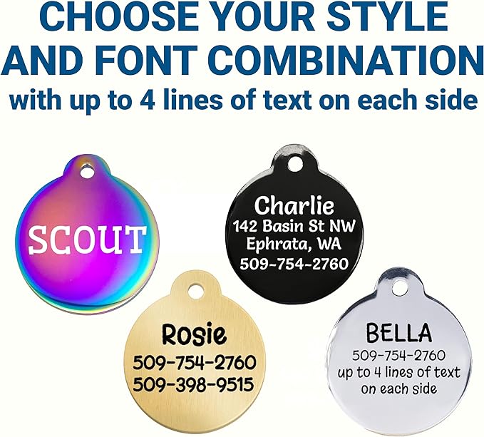 GoTags Personalized Dog Tags in Rainbow Steel, Black Steel, Stainless Steel or Solid Brass, Custom Engraved Pet Tags for Dogs and Cats. Front and Back Engraving. Dog ID and Cat ID Tags - (Pack of 1)