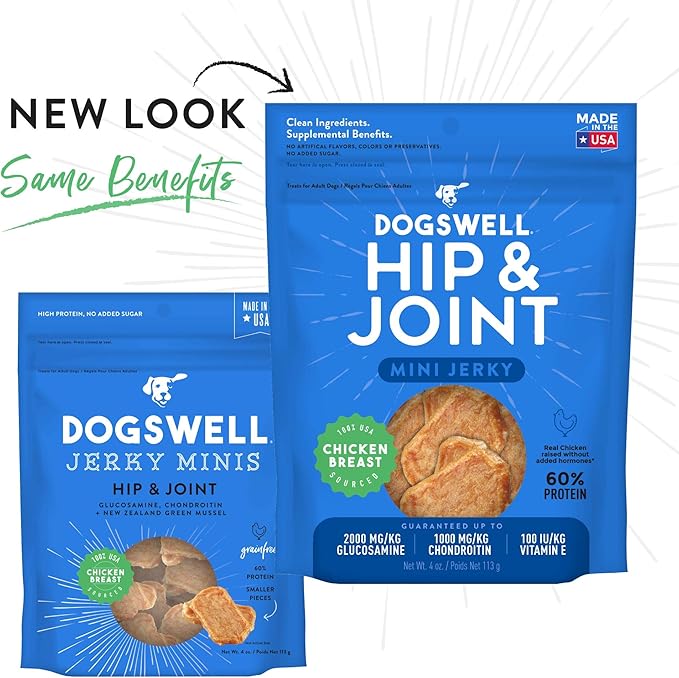 Dogswell Hip & Joint Mini Jerky Dog Treats, Chicken Breast, 4 oz. Pouch
