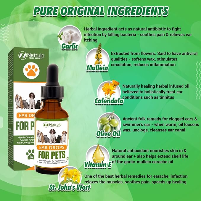 Natural Ear Cleaner for Dogs, Cats, Kitten, Puppy – Gentle Cleansing Ear Wash Solution Mite Infection & Yeast Treatment for Pets – Drying, Healing Medicinal Ear Cleaning Drops Made in USA