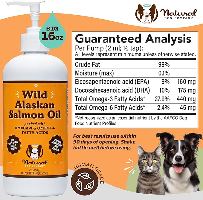 Natural Dog Company Pure Wild Alaskan Salmon Oil for Dogs (16oz) Skin & Coat Supplement for Dogs, Dog Oil for food with Essential Fatty Acids, Fish Oil Pump for Dogs, Omega 3 Fish Oil for Dogs