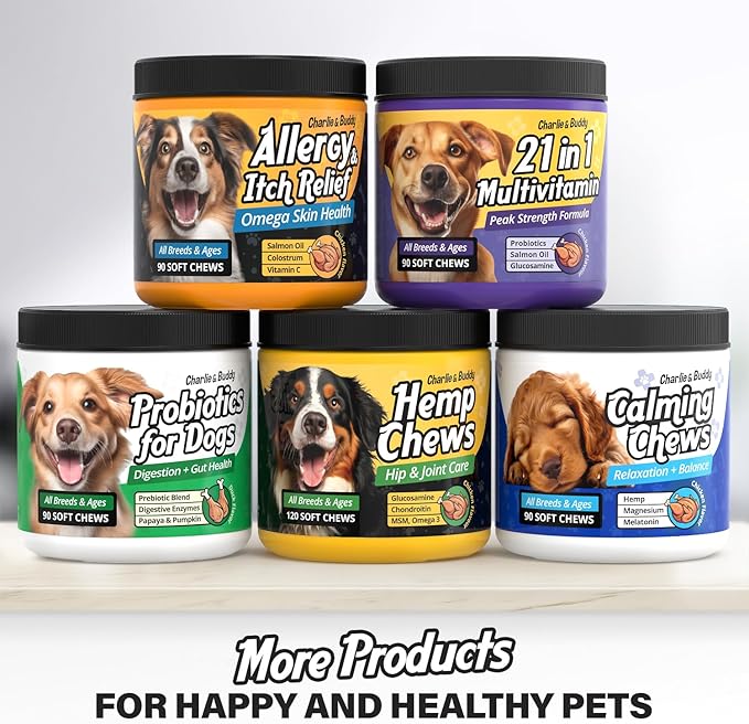 Charlie & Buddy Dog Multivitamin 21 in1 - Dog Vitamins and Supplements with Vitamin C Multivitamin for Dogs - Chicken Flavour Dog Vitamins Soft Chews - 90ct