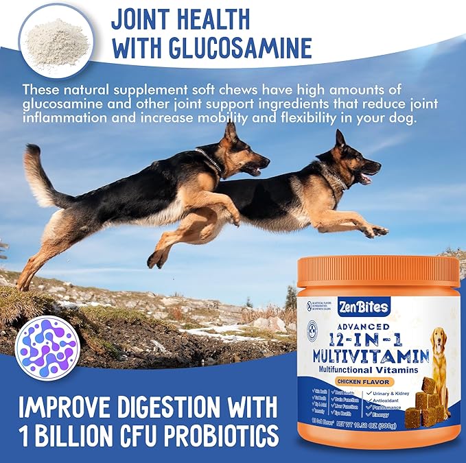 12-in-1 Dog Vitamins & Probiotics 120 Soft Chews - Organic Multivitamin with Glucosamine for Dogs - Joint Support Supplement for Dogs of All Ages,Sizes, & Breeds,Supports Skin,Heart,Immunity