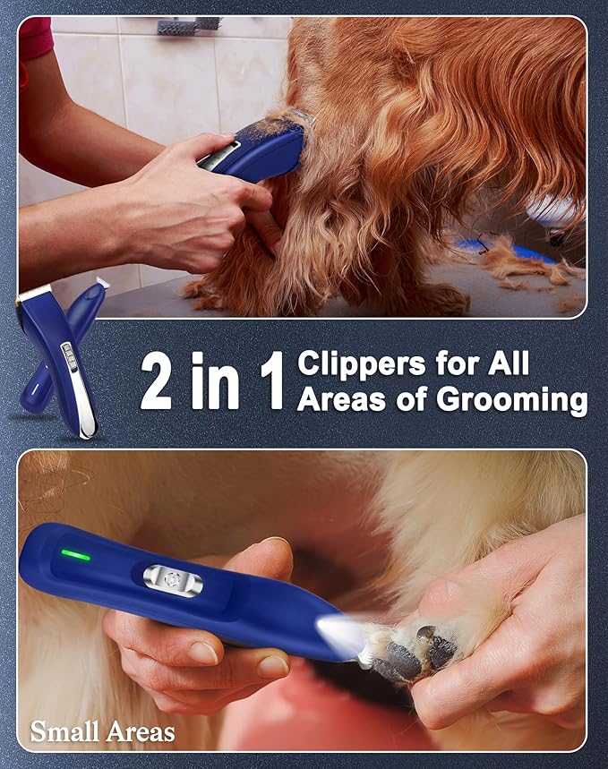2 in 1 Dog Grooming Kit, Low Noise Dog Clippers for Thick Heavy Coats, Professional Cordless Dog Paw Trimmer with LED Light, USB Rechargeable Pet Hair Shaver for Small & Large Dogs Cats Pets