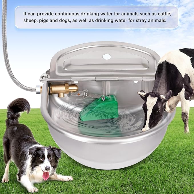 1 Gal Extra Large Automatic Horse Waterer Stainless Steel Dog Water Bowl Dispenser with Brass Float Valve Auto Fill Livestock Water Trough for Dogs Chicken Farm Animal