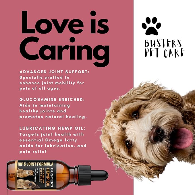 Busters Hip and Joint Hemp Oil Formula enriched with Glucosamine, Pain Relief for Dogs and Pets, Arthritis, and Advanced Mobility Support