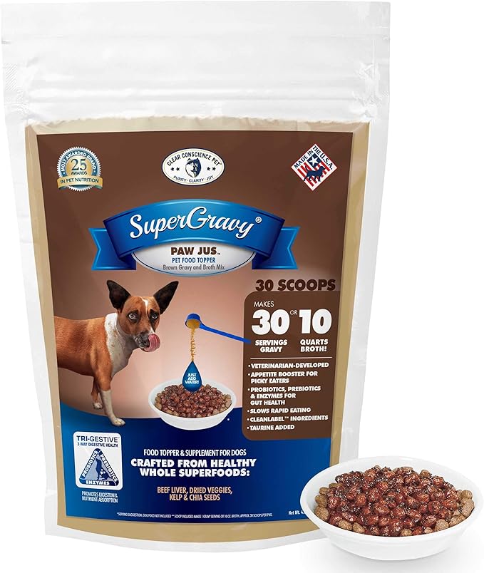 SuperGravy PAW jus - Natural Dog Food Gravy Topper - Hydration Broth Food Mix - Human Grade – Kibble Seasoning for Picky Eaters – Gluten Free & Grain Free, 30 Scoop, 01046
