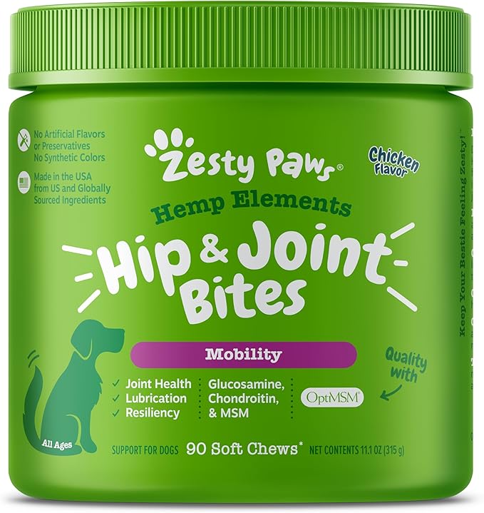 Zesty Paws Mobility Bites Dog Joint Supplement - Hip and Joint Chews for Dogs - Pet Products with Glucosamine, Chondroitin, & MSM + Vitamins C and E for Dog Joint Relief – Hemp - Chicken – 90 Count