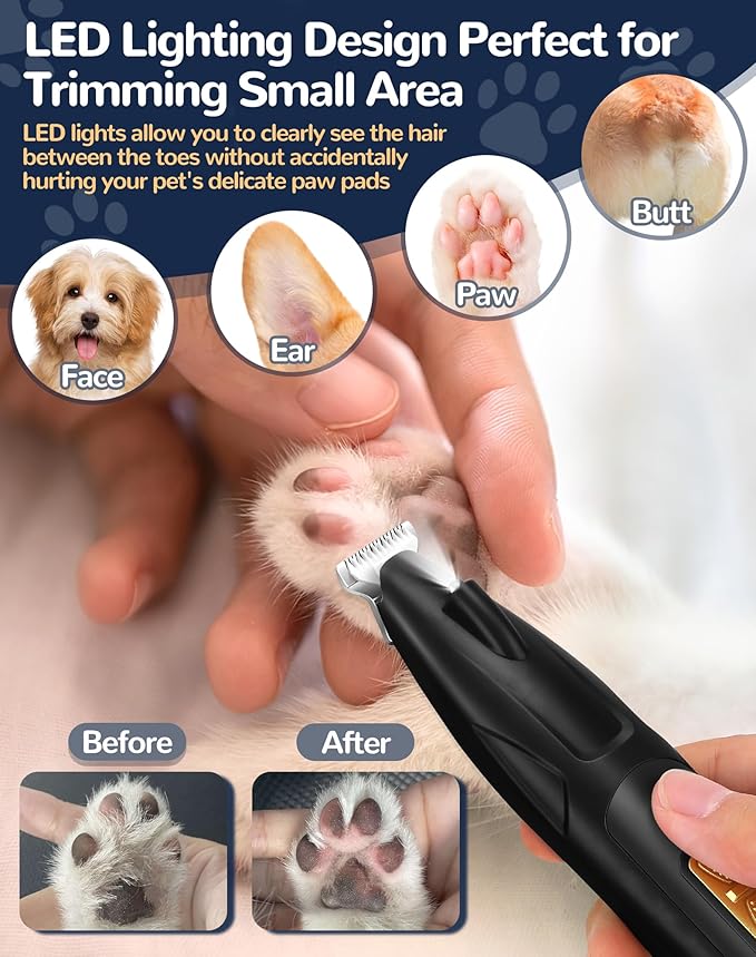 Dog Clippers Grooming Kit, 2 in 1 Professional Dog Clippers for Thick Heavy Coats, Low Noise Dog Paw Trimmer with LED Light, Cordless Rechargeable Pet Hair Shaver for Small & Large Dogs Cats