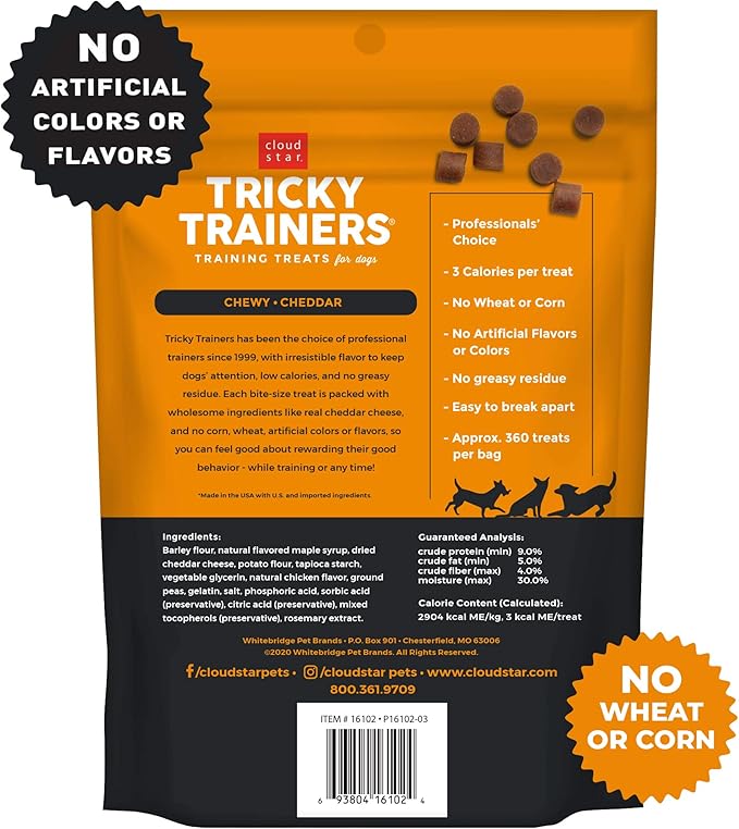 Cloud Star Tricky Trainers Soft & Chewy Dog Training Treats 14 oz Pouch, Cheddar Flavor, Low Calorie Behavior Aid with 360 treats