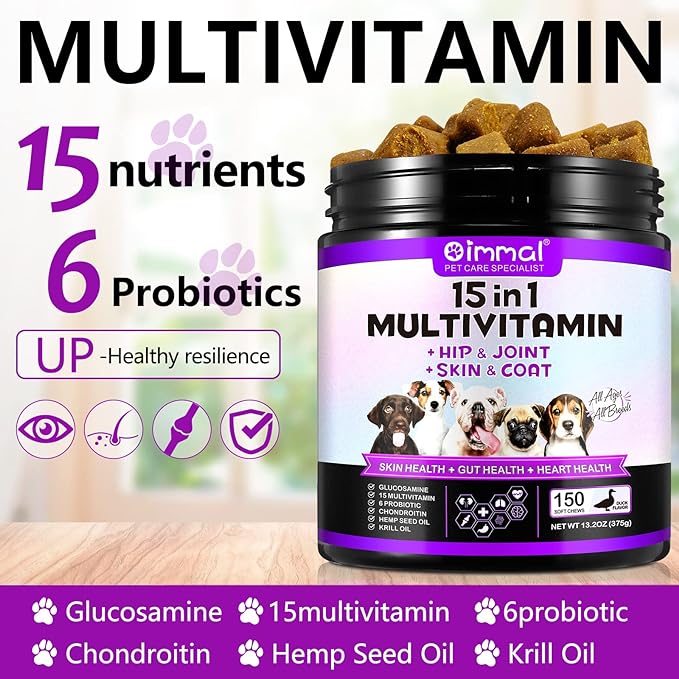 Dog 15-in-1 Multivitamin Chewable, Dog Vitamins & Supplements, Pet Joint Support Health - Immunity - Mobility - Gut - Skin, Dog Vitamins with Biotin, Cranberry, Glucosamine for Dogs (150 Chews)
