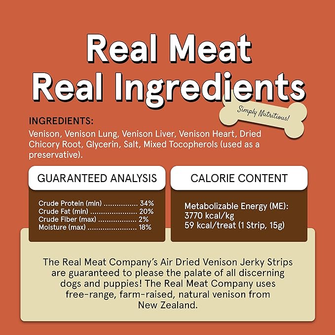 Real Meat Venison Jerky Dog Treats - 8 Air-Dried Strips of Jerky Treats for Dogs - Grain-Free Jerky Treats Dog Snacks with 95% Human-Grade Free-Range Grass Fed Venison - All-Natural Dog Jerky Strips