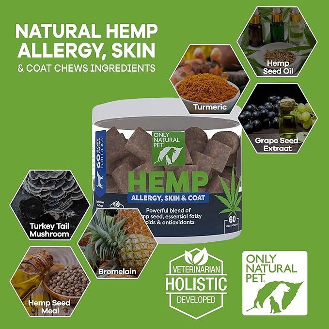 Only Natural Pet Allergy, Skin & Coat Hemp Soft Chews - Allergy Immune Bites for Dogs, Omega 3 Supplement, Hemp Oil - Calming Treats for Itchy Skin Relief, Hot Spot - (60 Count)