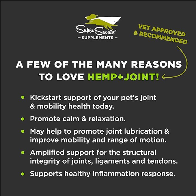 Super Snouts Hemp & Joint Chew for Dogs & Cats, 30 Chews (Up to 60 servings) – Made in USA Hip & Joint Supplement with Green Lipped Mussels, Hemp Helps Calms Joint Inflammation & Relief Joint Pain