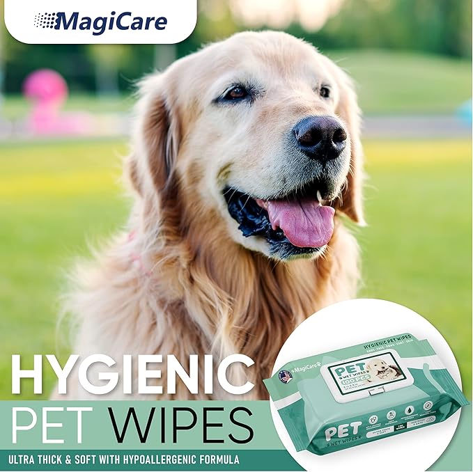 MAGICARE Grooming Wipes for Dogs & Cats - 100 Dog Wipes for Cleaning Paws, Ears and Butt - Unscented Deodorizing Pet Wipes for Dogs with Sensitive Skin - Proudly Made in USA