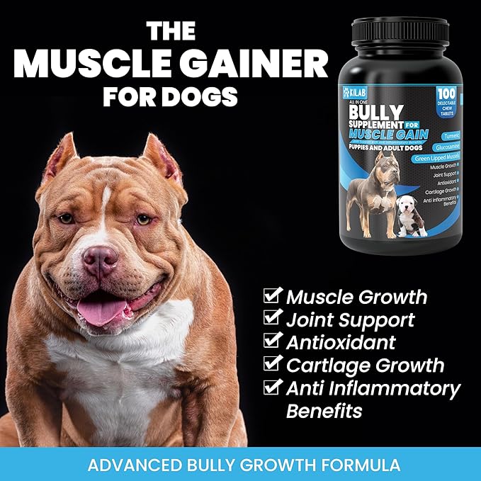 Dog Weight Gainer – 100-Count Muscle Builder Dog Supplement – Muscle Growth Supplement for Dogs, Puppies and Adults – Bully Growth Formula with Turmeric, Glucosamine, Green Lipped Mussels