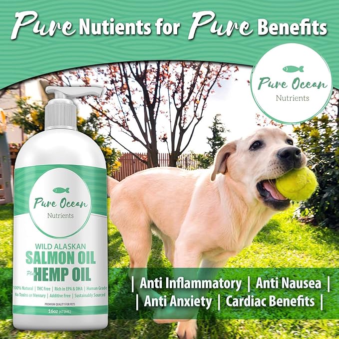 Wild Alaskan Salmon Fish & Hemp Seed Oil for Dogs 16 oz; Natural Liquid Supplement with Omega 3's Support Joint, Heart, and Immune Health; Essential Fatty Acids Promote a Shiny Coat and Healthy Skin