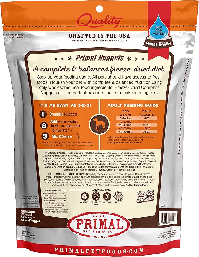 Primal Freeze Dried Dog Food Nuggets, Beef; Complete & Balanced Meal; Also Use as Topper or Treat; Premium, Healthy, Grain Free, High Protein Raw Dog Food, 5.5 oz