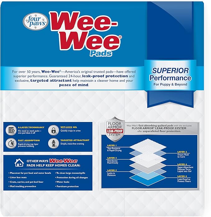 Four Paws Wee-Wee Superior Performance Pee Pads for Dogs of All Sizes, Leak-Proof Floor Protection Dog & Puppy Quilted Potty Training Pads, Unscented, 22" x 23" (30 Count)
