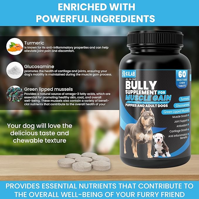 Dog Weight Gainer – 60-Count Muscle Builder Dog Supplement – Muscle Growth Supplement for Dogs, Puppies and Adults – Bully Growth Formula with Turmeric, Glucosamine, Green Lipped Mussels