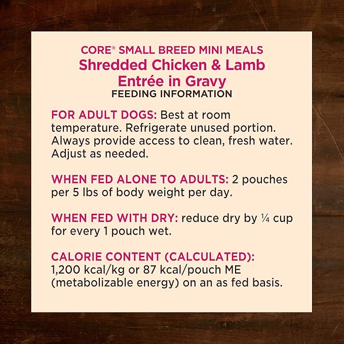 Wellness CORE Natural Grain Free Small Breed Mini Meals Wet Dog Food, Shredded Chicken & Lamb Entrée in Gravy, 3-Ounce Pouch (Pack of 12)
