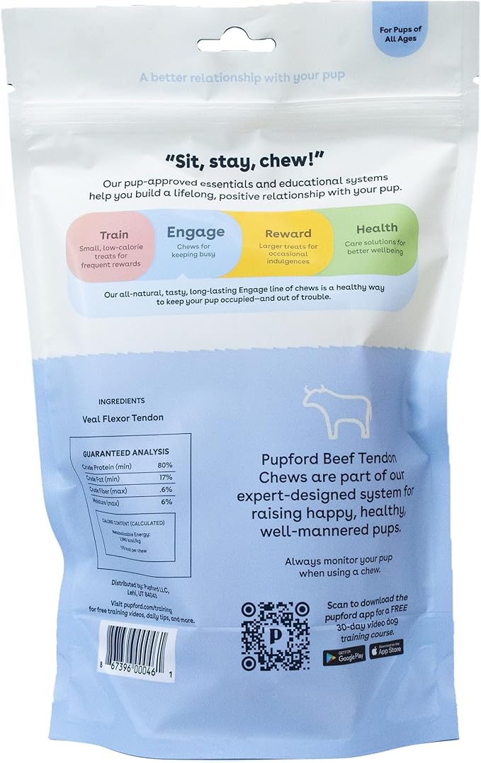 Pupford Beef Tendon Chews for Dogs | Cleans Teeth, Teaches Proper Chewing & Contains Glucosamine to Help Joints | Extra Thick, Long-Lasting, Natural Ingredients, Low Calorie (Thick, 3 Count)