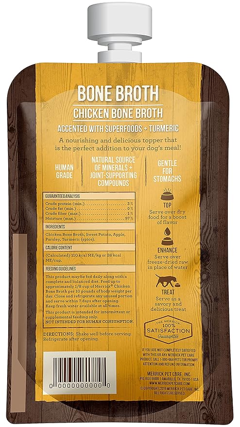 Merrick Grain Free Bone Broth Natural Meal Topper for Dogs, Accented with Superfoods & Cinnamon, for Adult Dogs of All Breeds Chicken, 7 Ounce,(Pack of 3)