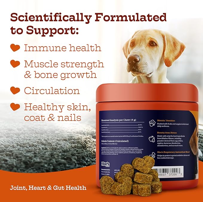 Moe’s 5-in-1 Essential Dog Multivitamin -Supports Dog's Heart, Immunity, Skin, Coat, & Overall Health- Vitamins A, B12, C, D, E, Antioxidants, Omega 3- for All Ages & Breeds- 90 Chicken Flavored Chews