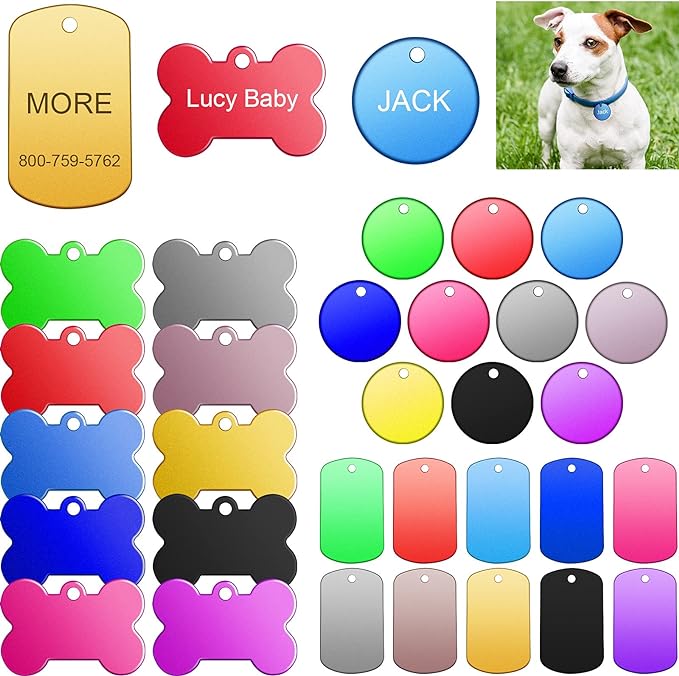 Frienda 60 Pieces Colorful Blank Dog Tags Hand Personalized Blank ID Tags Aluminum Round Dog Tag Bone Shape Pet ID Tags Stamping Blanks Discs with Hole for Dogs Cats Pets Name Craft Tag