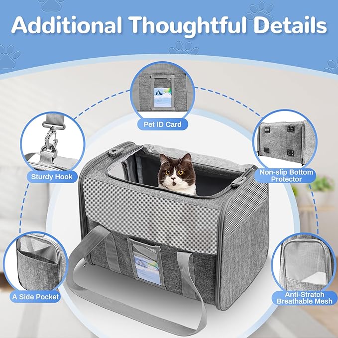 Soft Sided Cat Carrier for Under 18 Pounds, Folable Pet Carrier for Small Medium Cats Dogs, Roomy Dog Travel Carrier, Collapsible Puppy Carrier Bag with Locking Safety Zippers, Gray