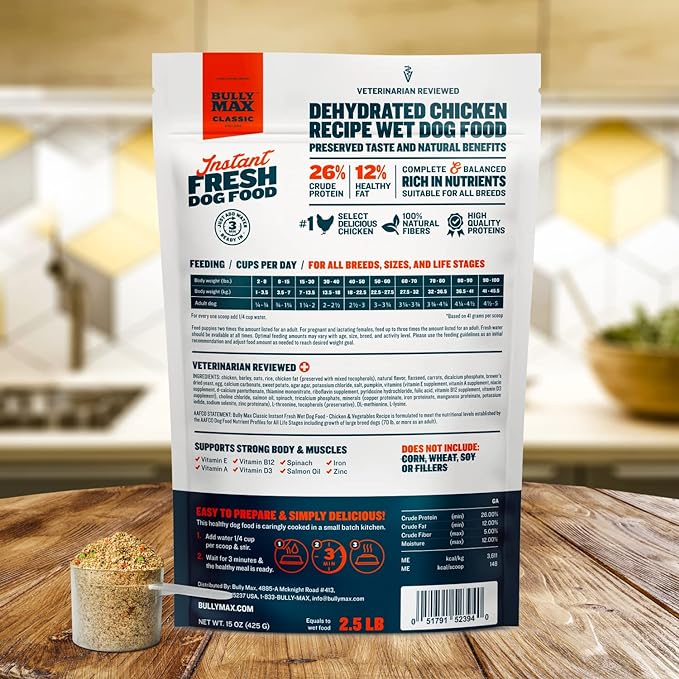 Bully Max Instant Fresh Wet Dog Food - Nutrient-Rich Dehydrated Raw Dog Food with Natural Chicken Recipe - 15 oz Pouch, Wet Dog Food Alternative - Makes 2.5 lbs. of Wet Food