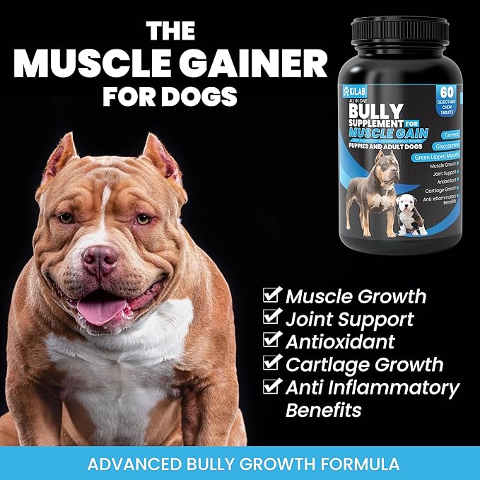 Dog Weight Gainer – 60-Count Muscle Builder Dog Supplement – Muscle Growth Supplement for Dogs, Puppies and Adults – Bully Growth Formula with Turmeric, Glucosamine, Green Lipped Mussels