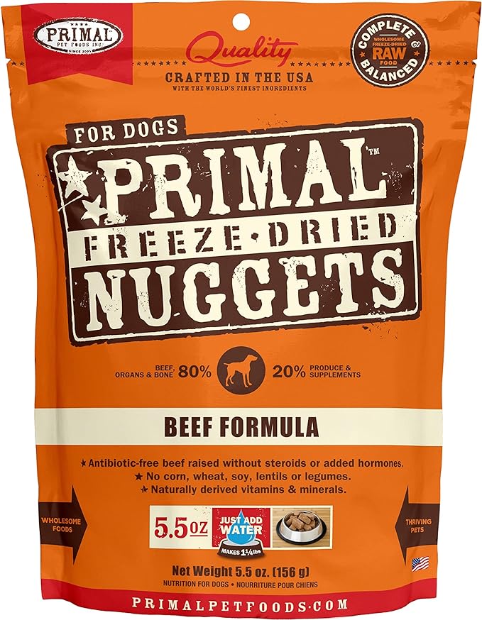Primal Freeze Dried Dog Food Nuggets, Beef; Complete & Balanced Meal; Also Use as Topper or Treat; Premium, Healthy, Grain Free, High Protein Raw Dog Food, 5.5 oz