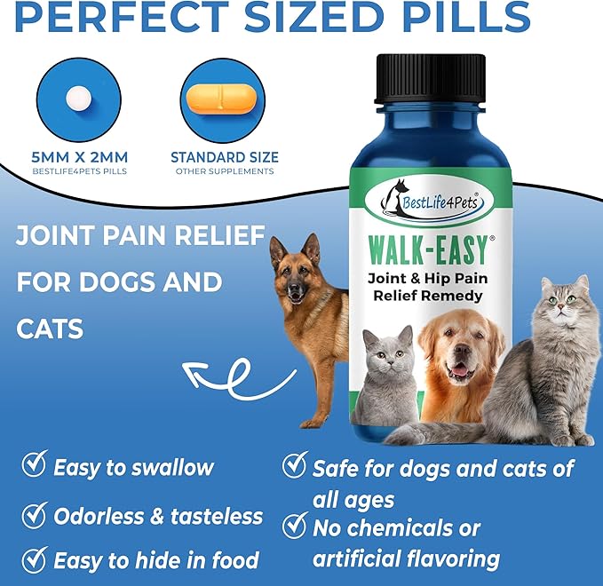 BestLife4Pets Walk-Easy Hip and Joint Supplement for Dogs & Cats - Arthritis Pain Relief and Anti-inflammatory Support Pills for Dogs & Cats Joint Pain Relief - Easy to Use Natural Pills